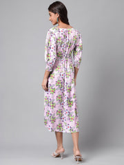 Lavender Satin Digital Floral Printed A-line Dress Janasya