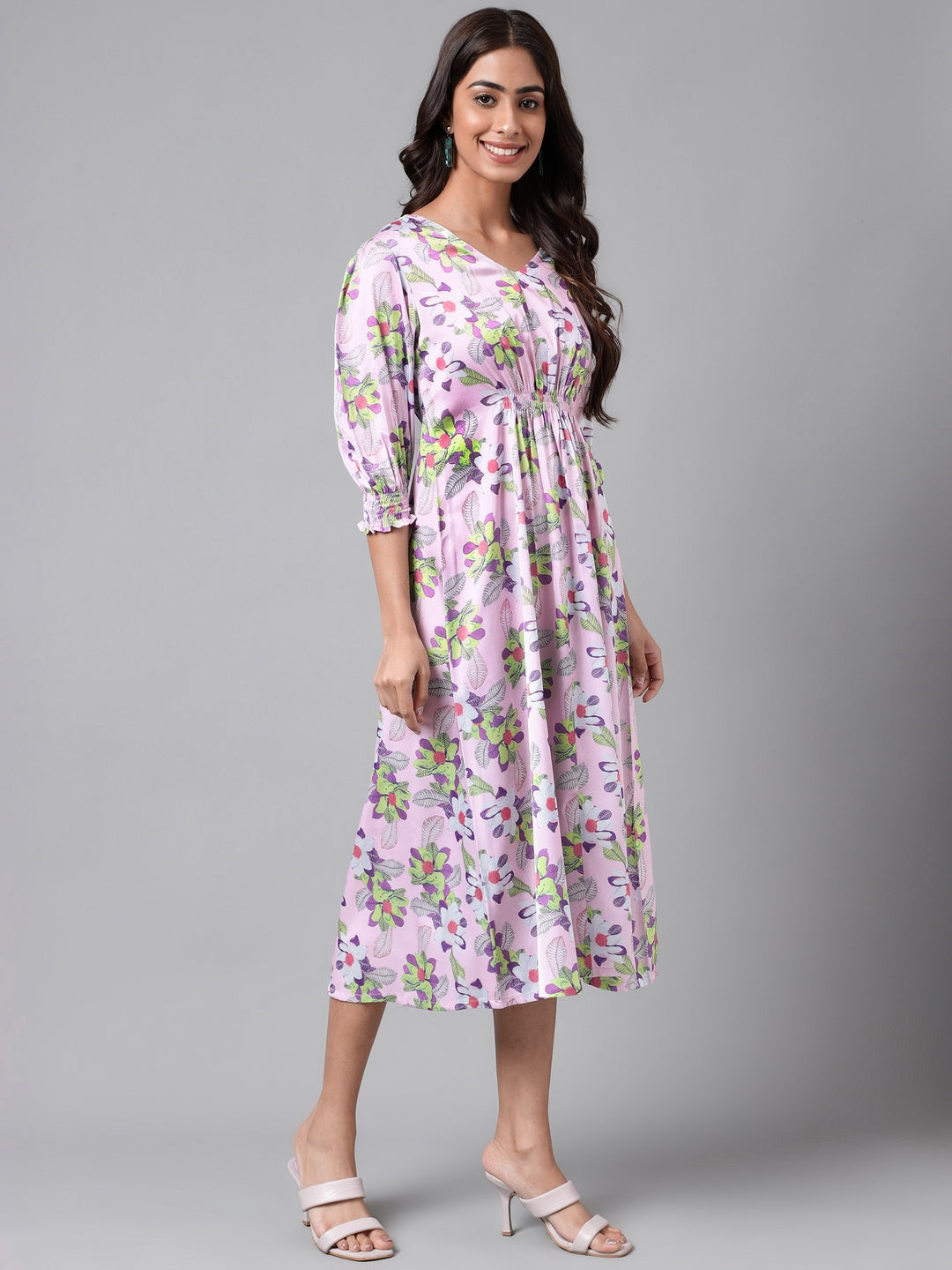 Lavender Satin Digital Floral Printed A-line Dress Janasya