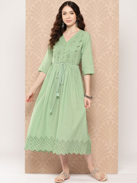 Light Green Cotton Schiffli Flared Dress Janasya