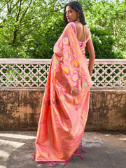 Light Pink Banarasi Silk Woven Floral Design Saree with Unstitched Blouse Piece Janasya