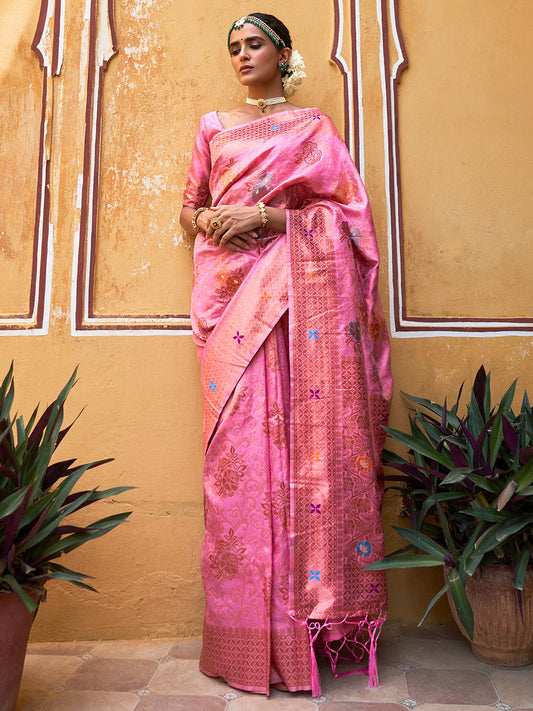 Light Pink Chanderi Silk Woven Jaal Motif Saree with Unstitched Blouse Piece Janasya