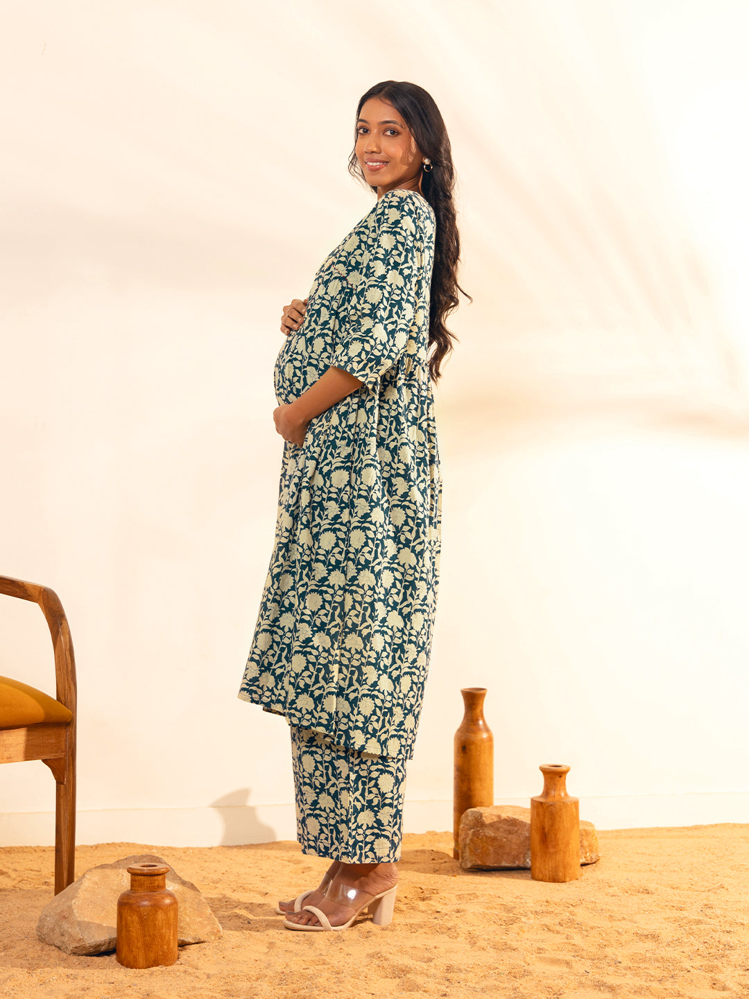 Teal Blue Cotton Floral Printed Maternity Kurta with Palazzo