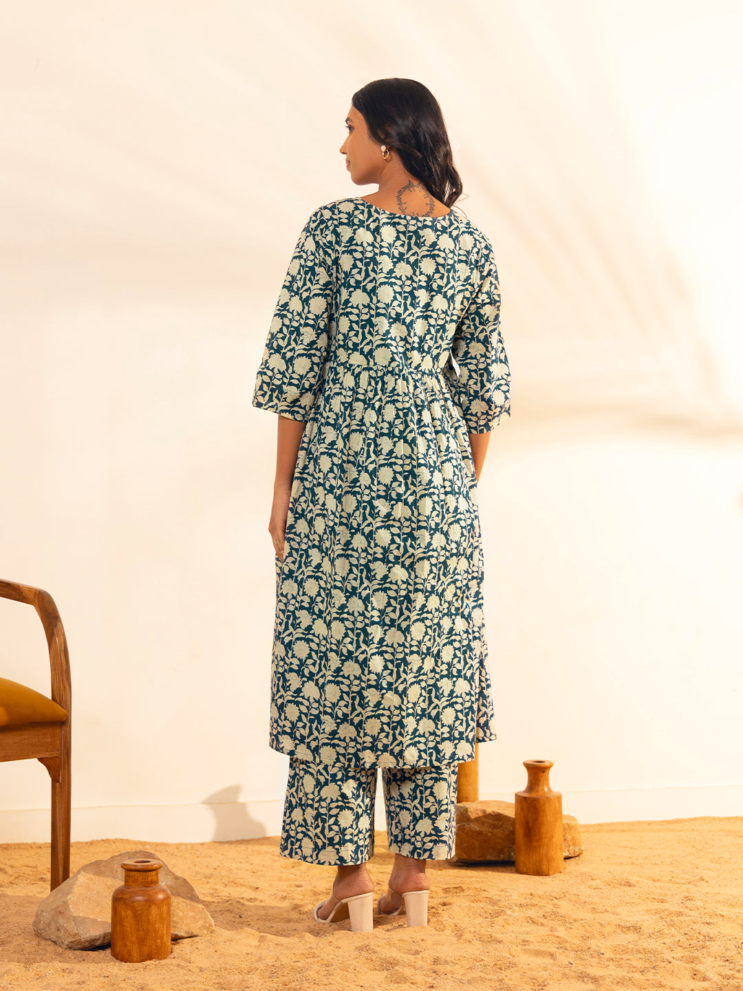 Teal Blue Cotton Floral Printed Maternity Kurta with Palazzo