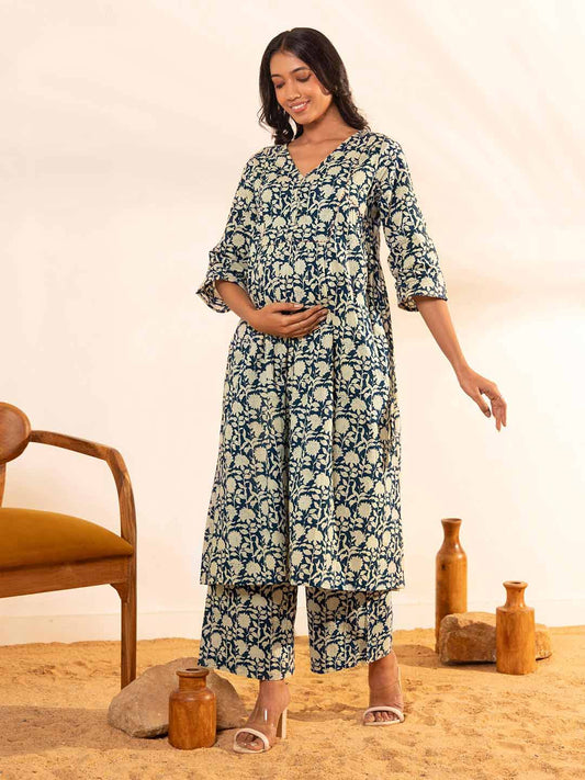 Teal Blue Cotton Floral Printed Maternity Kurta with Palazzo
