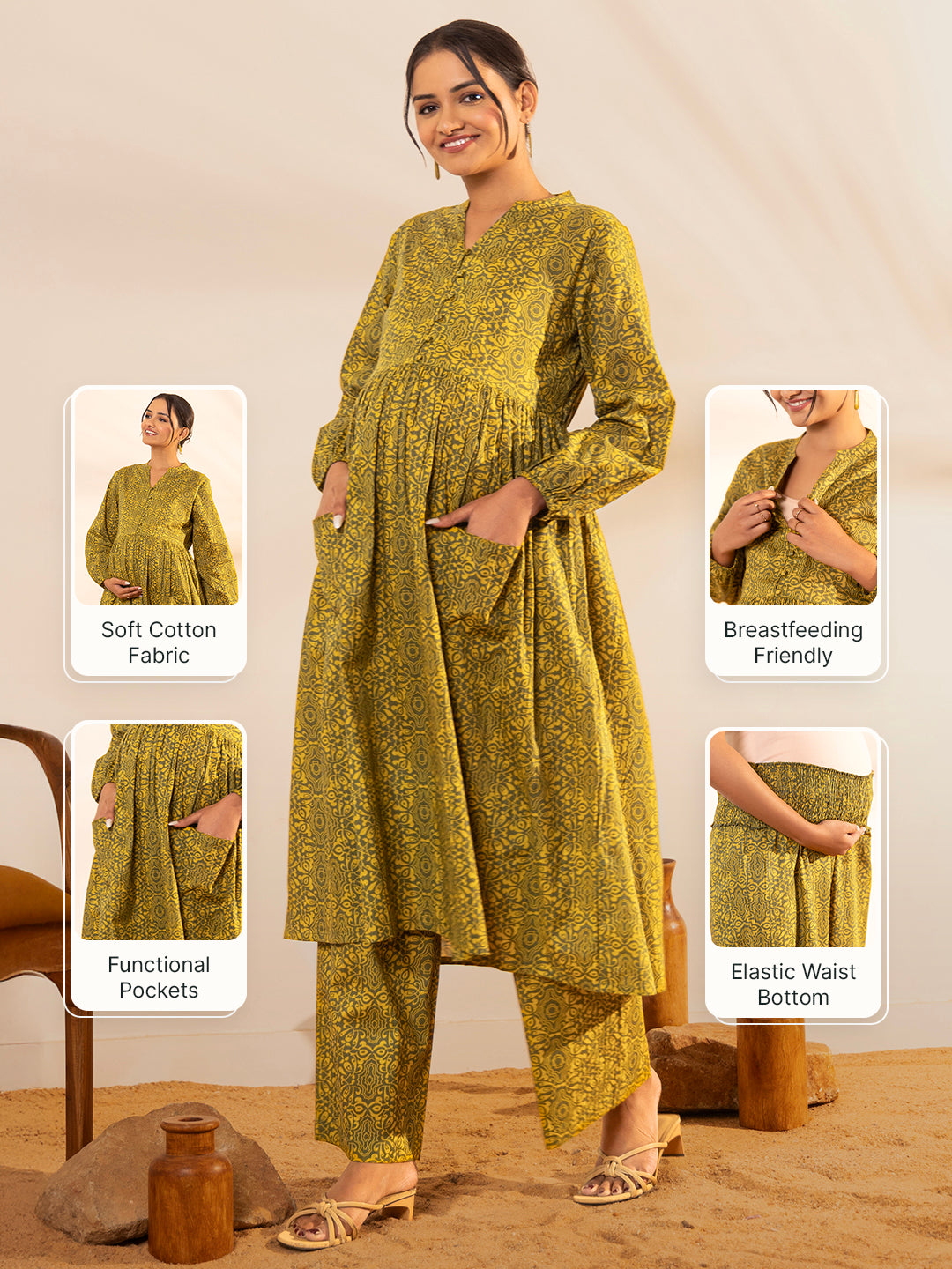 Olive Cotton Printed Gathered Maternity Kurta Set