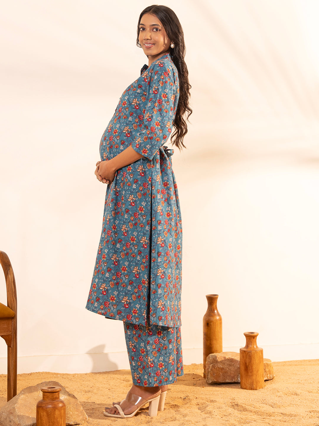 Blue Cotton Floral A-Line Maternity Kurta Set