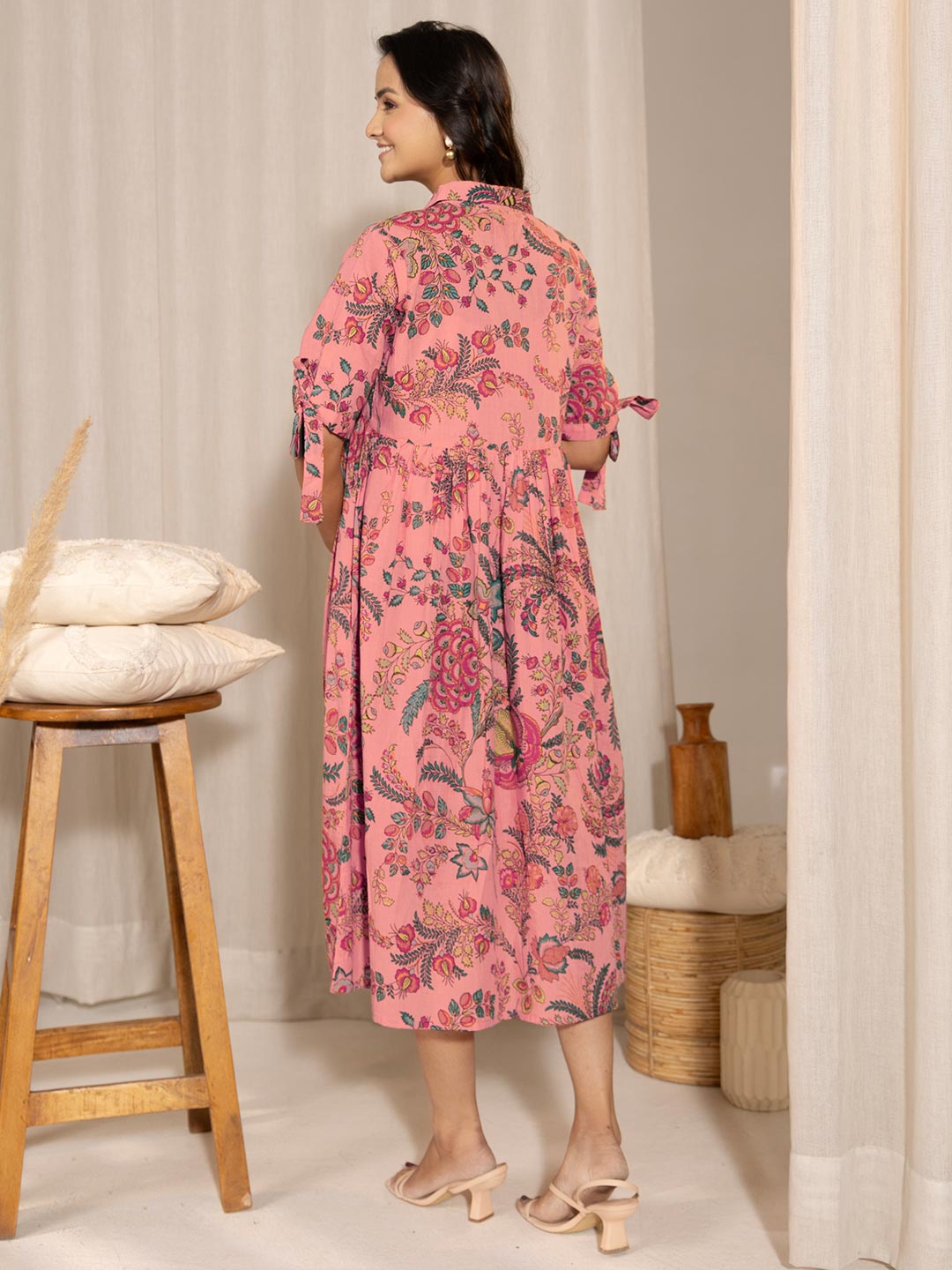 Peach Cotton Floral Gathered Maternity Dress