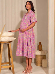 Pink Cotton Floral Wrap Maternity Dress