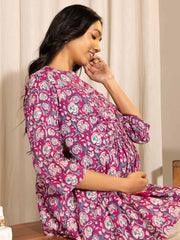 Purple Cotton Floral Printed String Waist Maternity Tunic