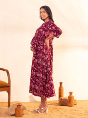 Maroon Cotton Floral Front Tie-Up Maternity Dress
