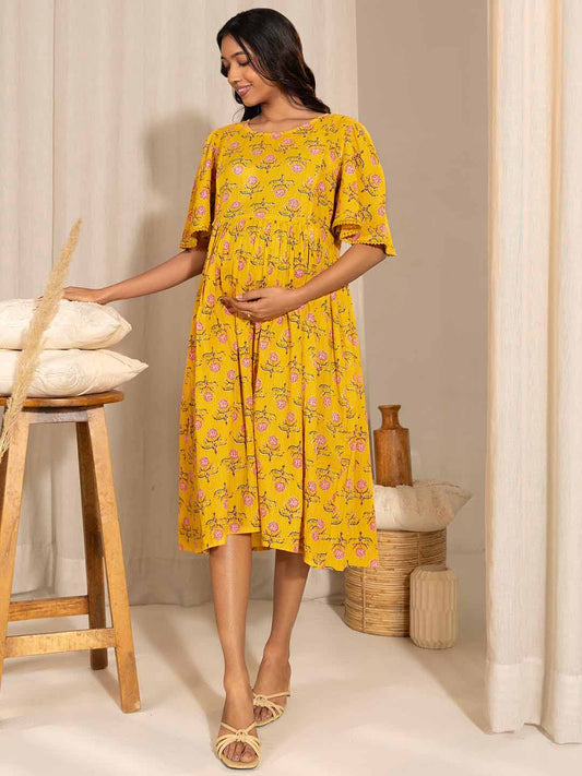 Yellow Cotton Floral Fit & Flare Maternity Dress
