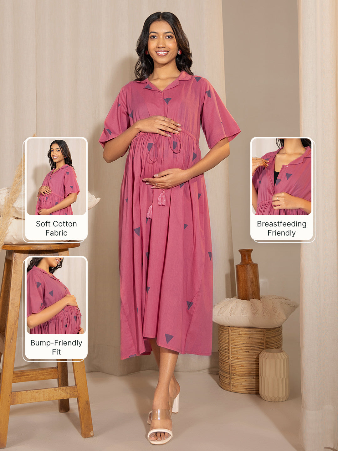 strapless open back dress Pink Cotton Geometric Gathered Maternity Dress – Product Video
