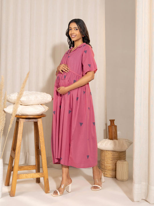 Pink Cotton Geometric Gathered Maternity Dress