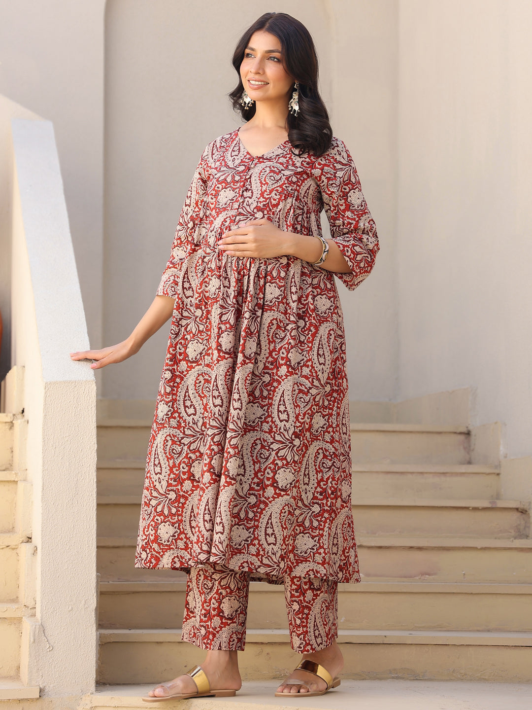 Maroon Pure Cotton Paisley Printed A-line Maternity Kurta Pant Set