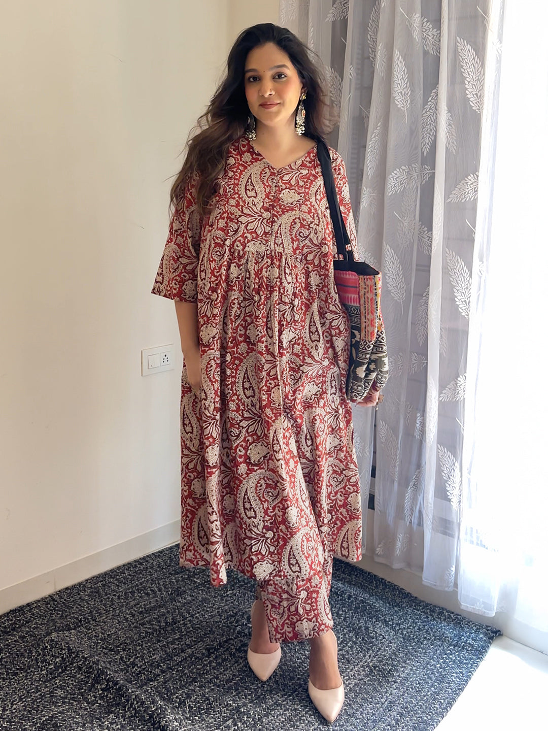 Long Pregnancy Dresses Indian Maroon Pure Cotton Paisley Printed A-line Maternity Kurta Pant Set Product Long Pregnancy Dresses Indian Maroon Pure Cotton Paisley Printed A-line Maternity Kurta Pant Set Product