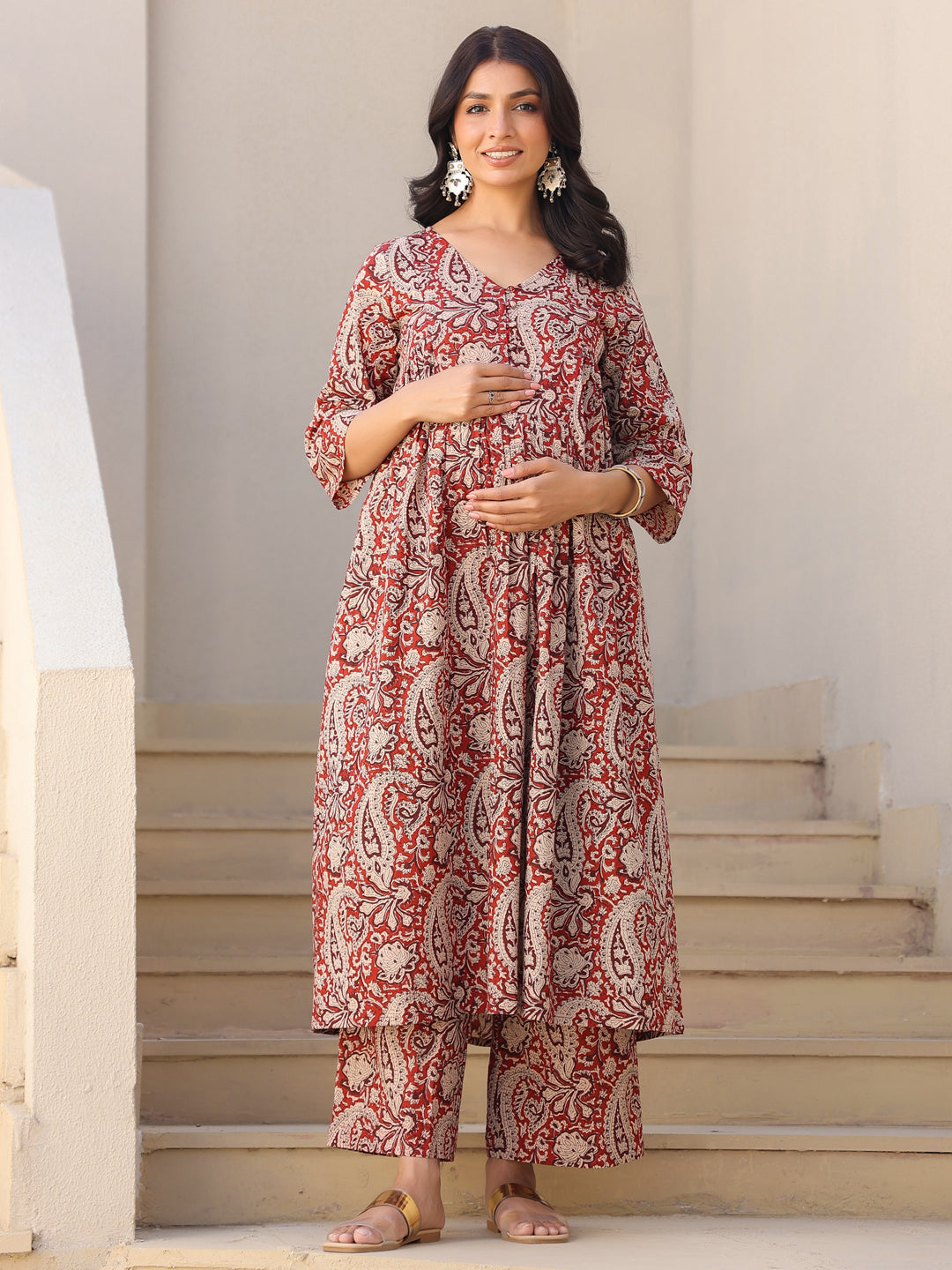 Maroon Pure Cotton Paisley Printed A-line Maternity Kurta Pant Set