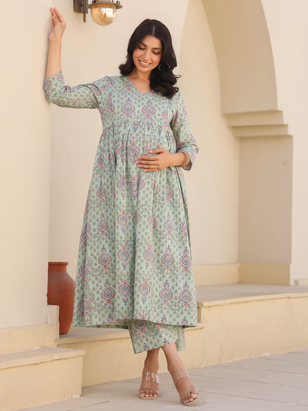 Light Green Pure Cotton Floral Printed A-line Maternity Kurta Pant Set