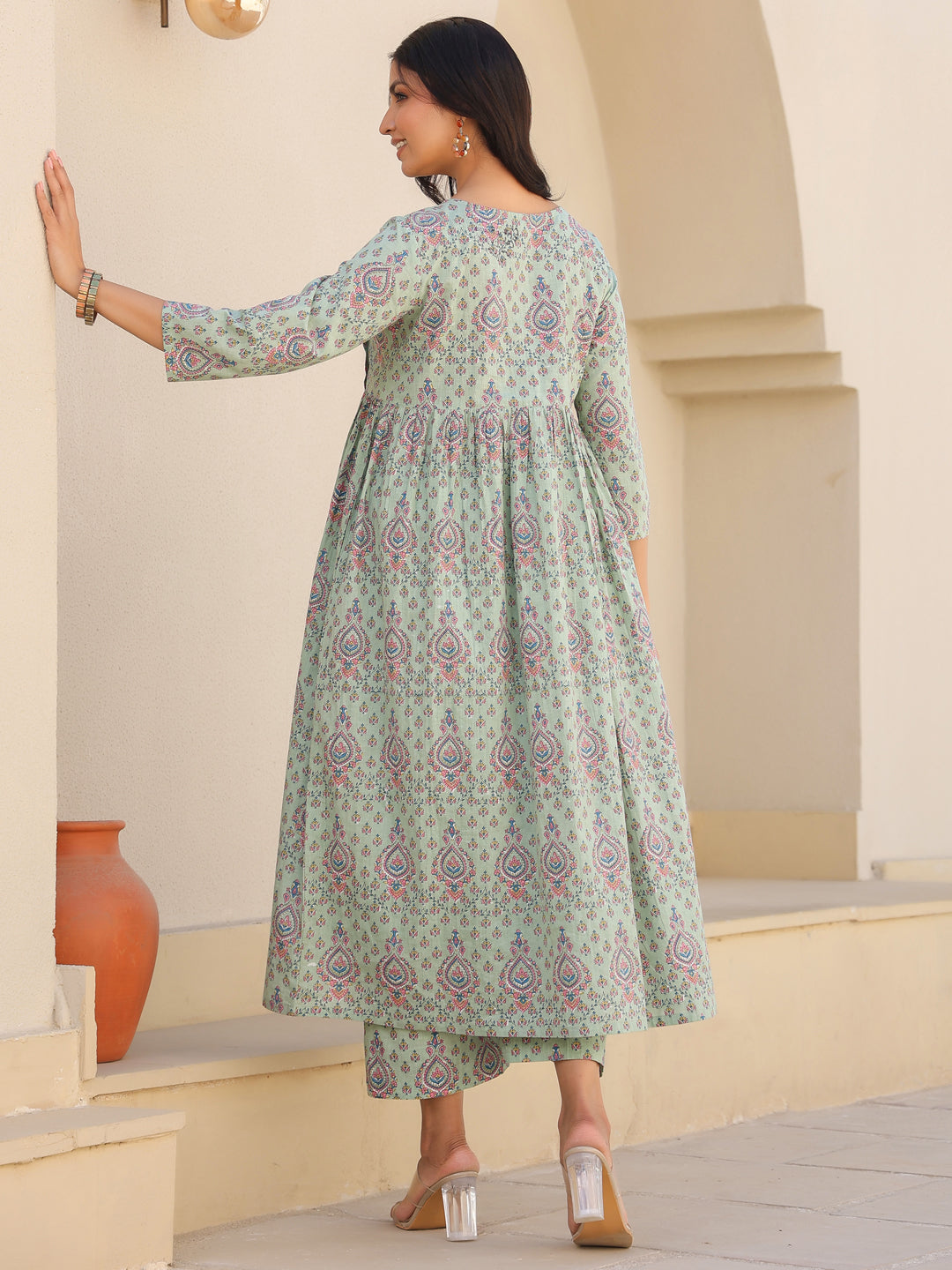 Light Green Pure Cotton Floral Printed A-line Maternity Kurta Pant Set