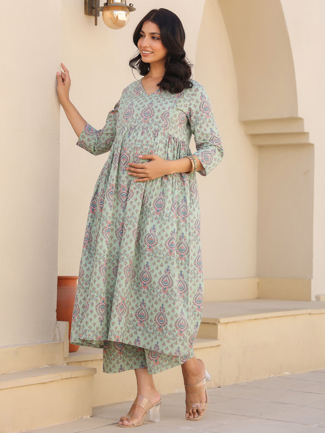 Light Green Pure Cotton Floral Printed A-line Maternity Kurta Pant Set