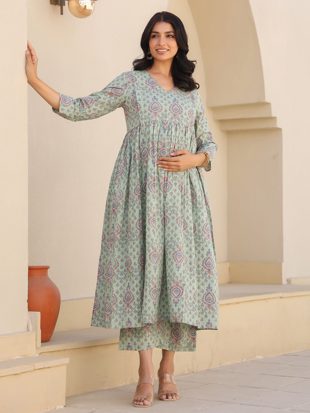 Light Green Pure Cotton Floral Printed A-line Maternity Kurta Pant Set