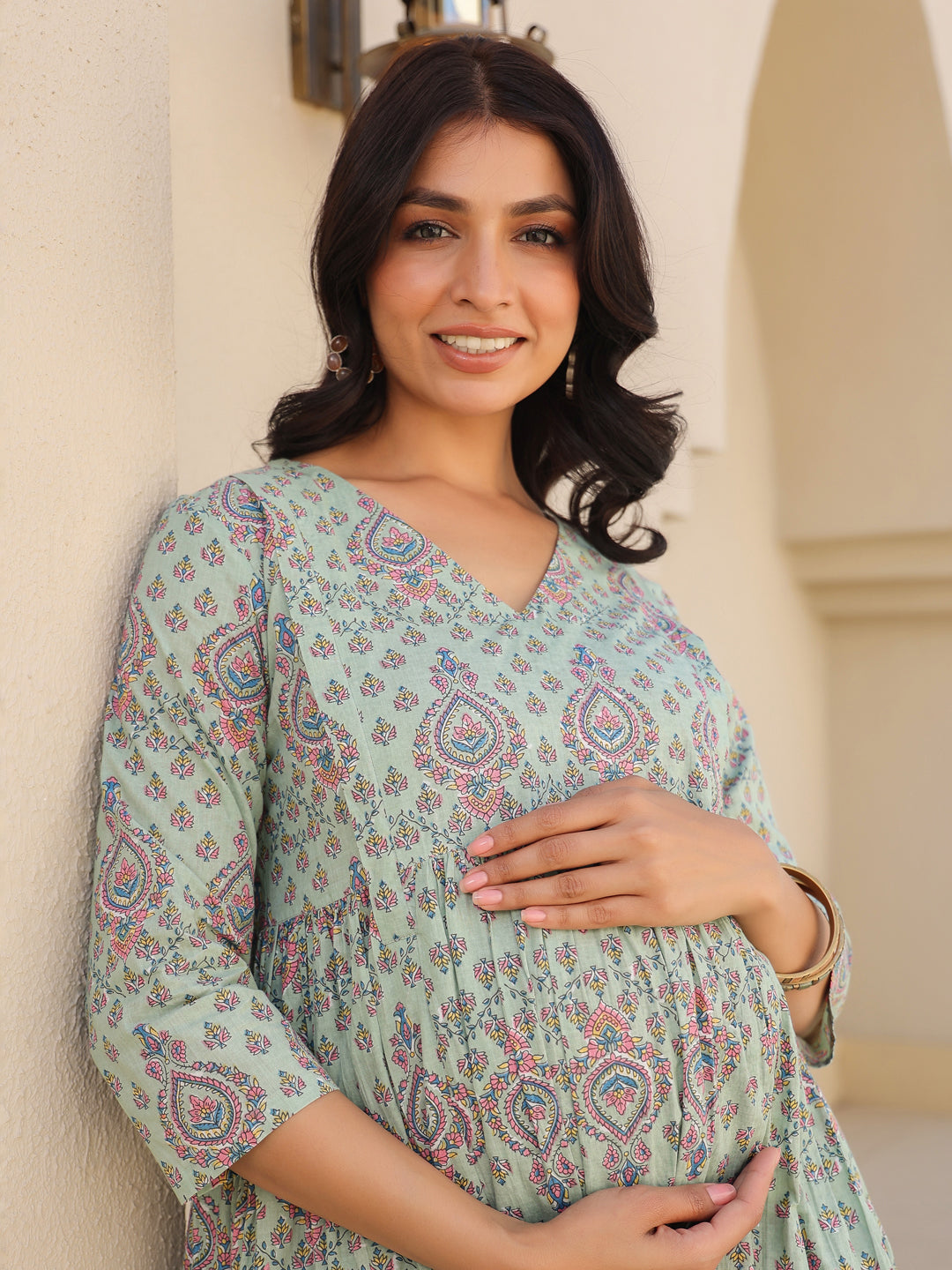 Light Green Pure Cotton Floral Printed A-line Maternity Kurta Pant Set