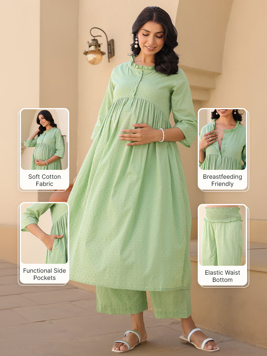 Green Dobby Pure Cotton Self Design A-line Maternity Kurta Pant Set