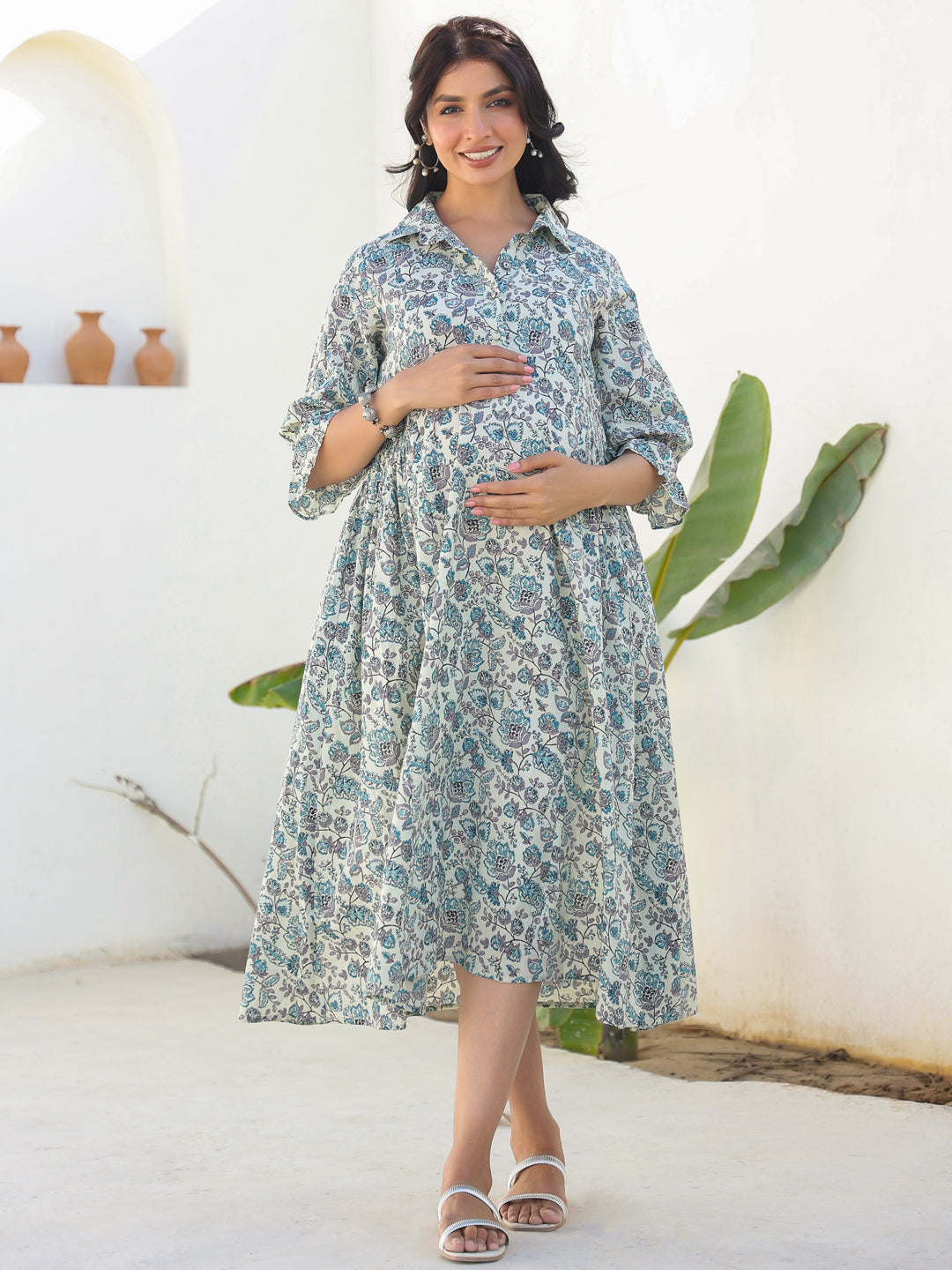 Off White Pure Cotton Floral Printed A-line Maternity Dress