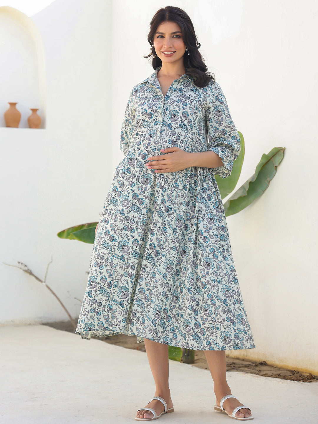 Off White Pure Cotton Floral Printed A-line Maternity Dress