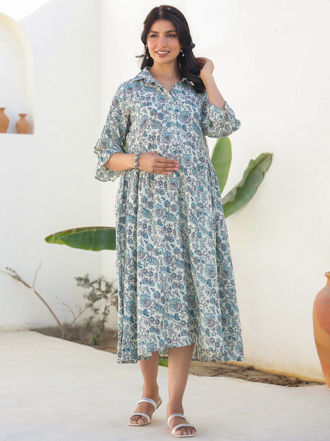 Off White Pure Cotton Floral Printed A-line Maternity Dress