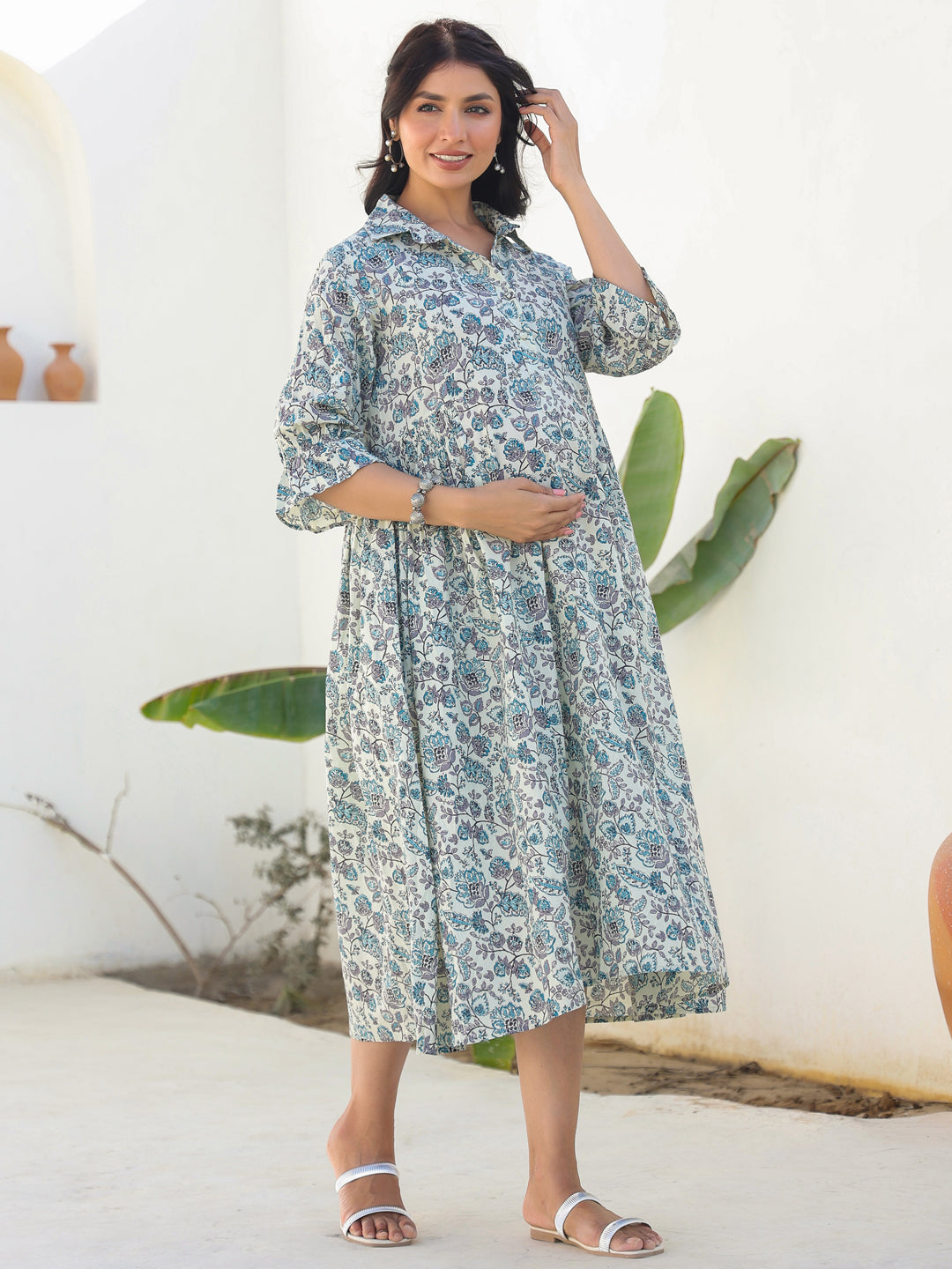 Off White Pure Cotton Floral Printed A-line Maternity Dress