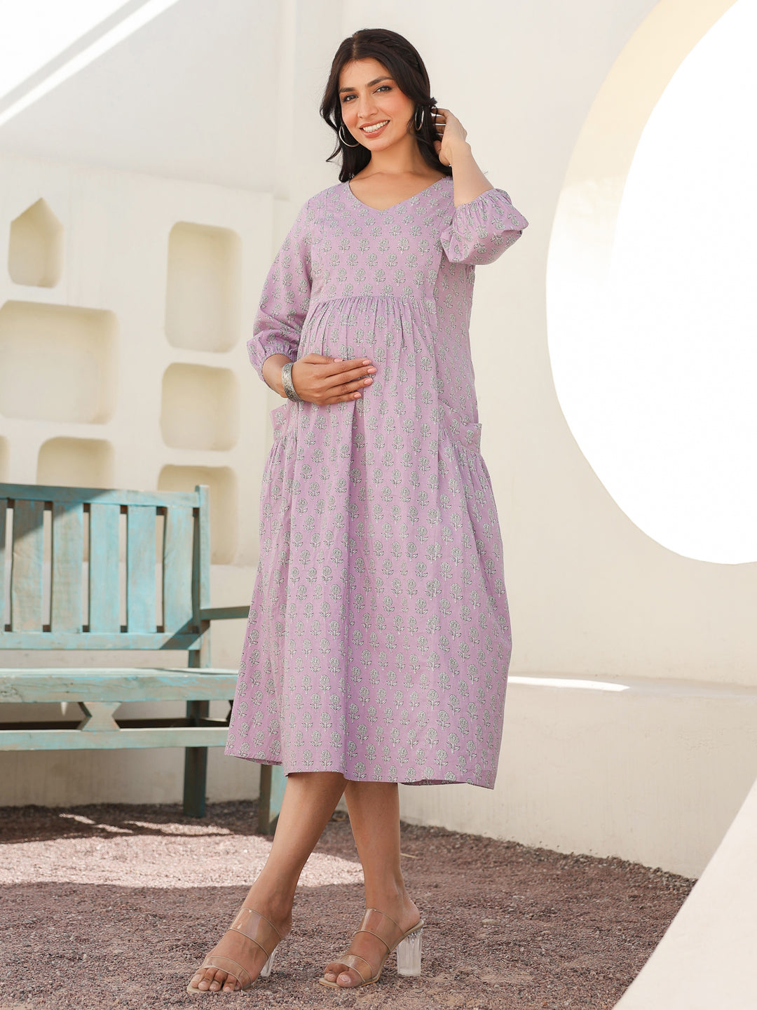 Lavender Pure Cotton Floral Printed A-line Maternity Dress