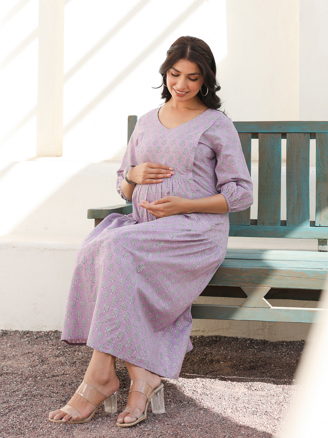 Lavender Pure Cotton Floral Printed A-line Maternity Dress