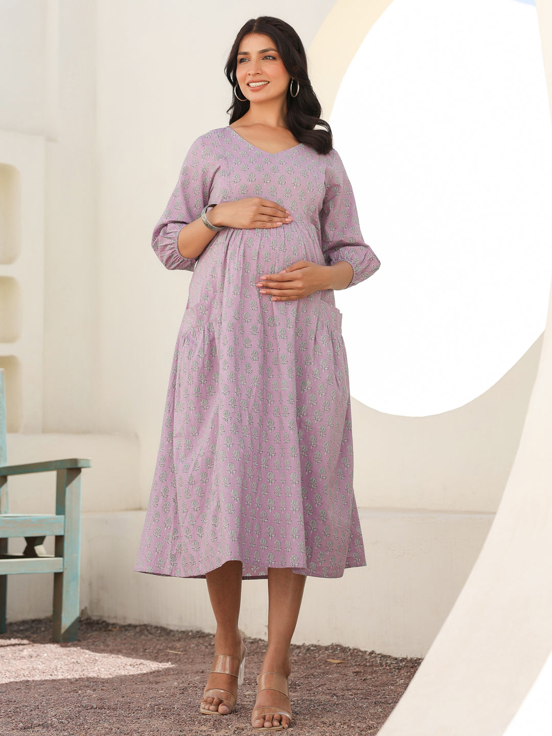 Lavender Pure Cotton Floral Printed A-line Maternity Dress