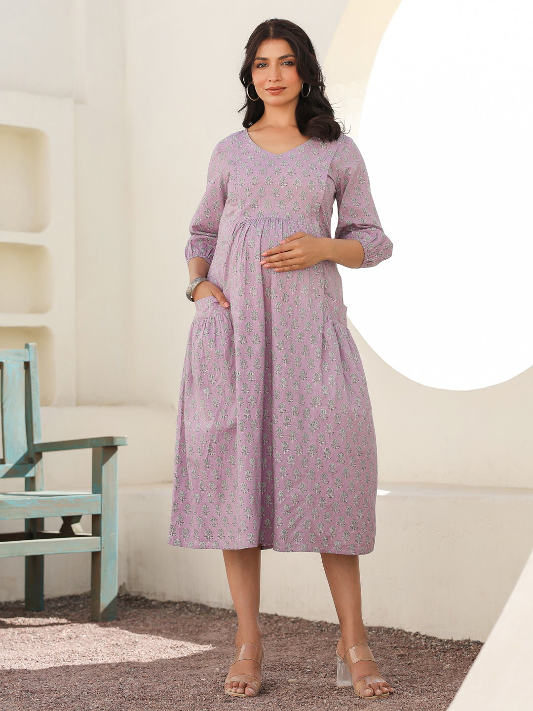 Lavender Pure Cotton Floral Printed A-line Maternity Dress