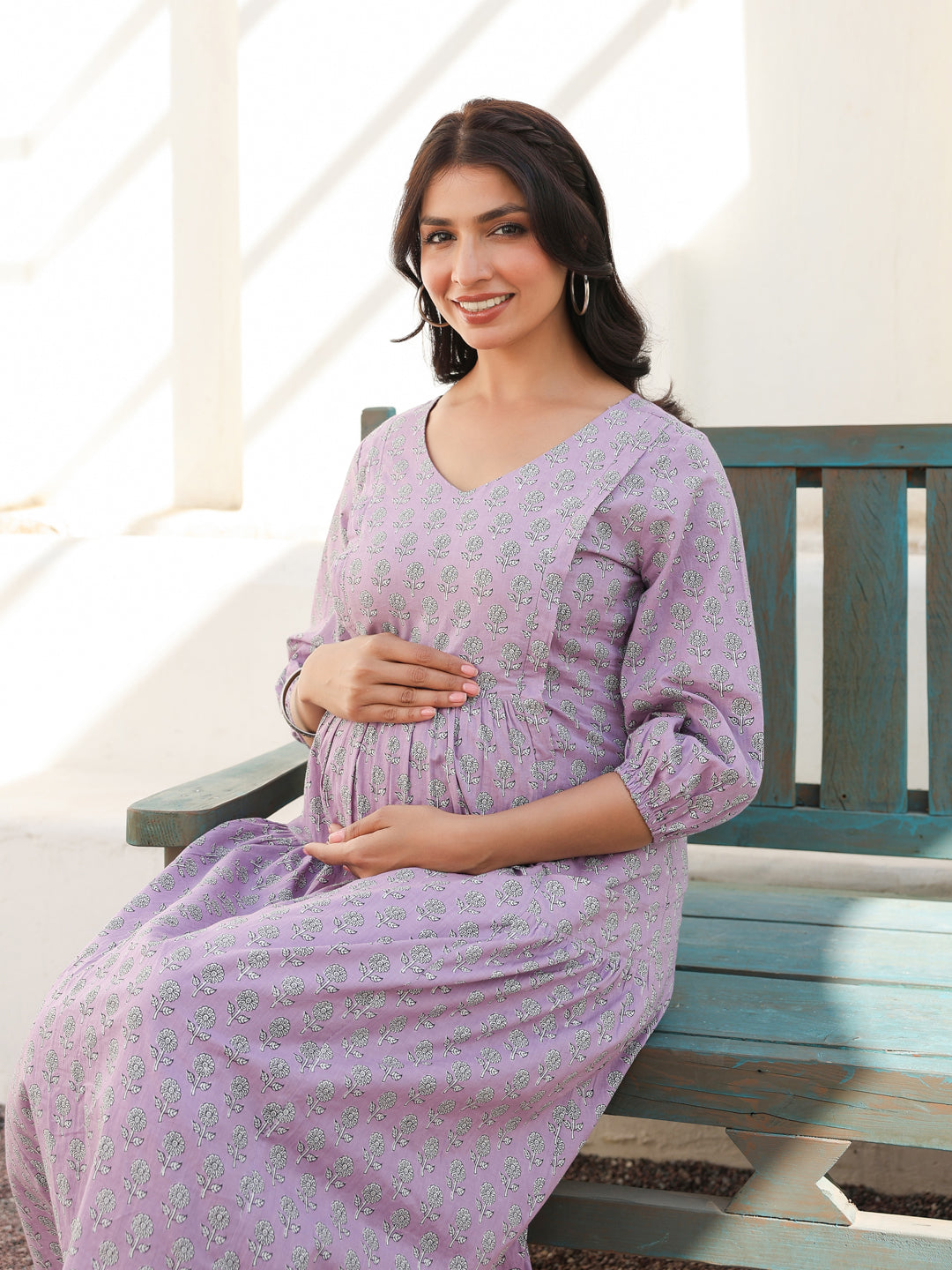 Lavender Pure Cotton Floral Printed A-line Maternity Dress