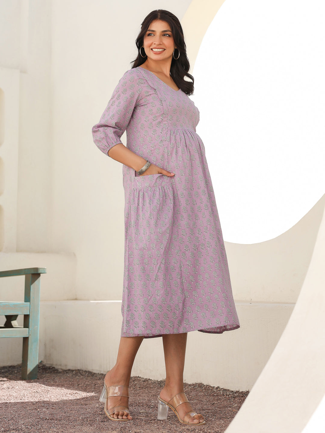 Lavender Pure Cotton Floral Printed A-line Maternity Dress