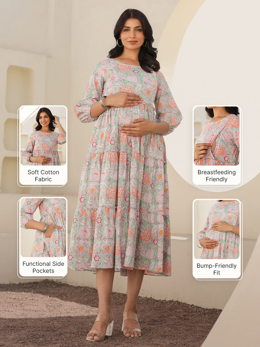 Light Green Pure Cotton Floral Printed Tiered Maternity Dress – Product  Video