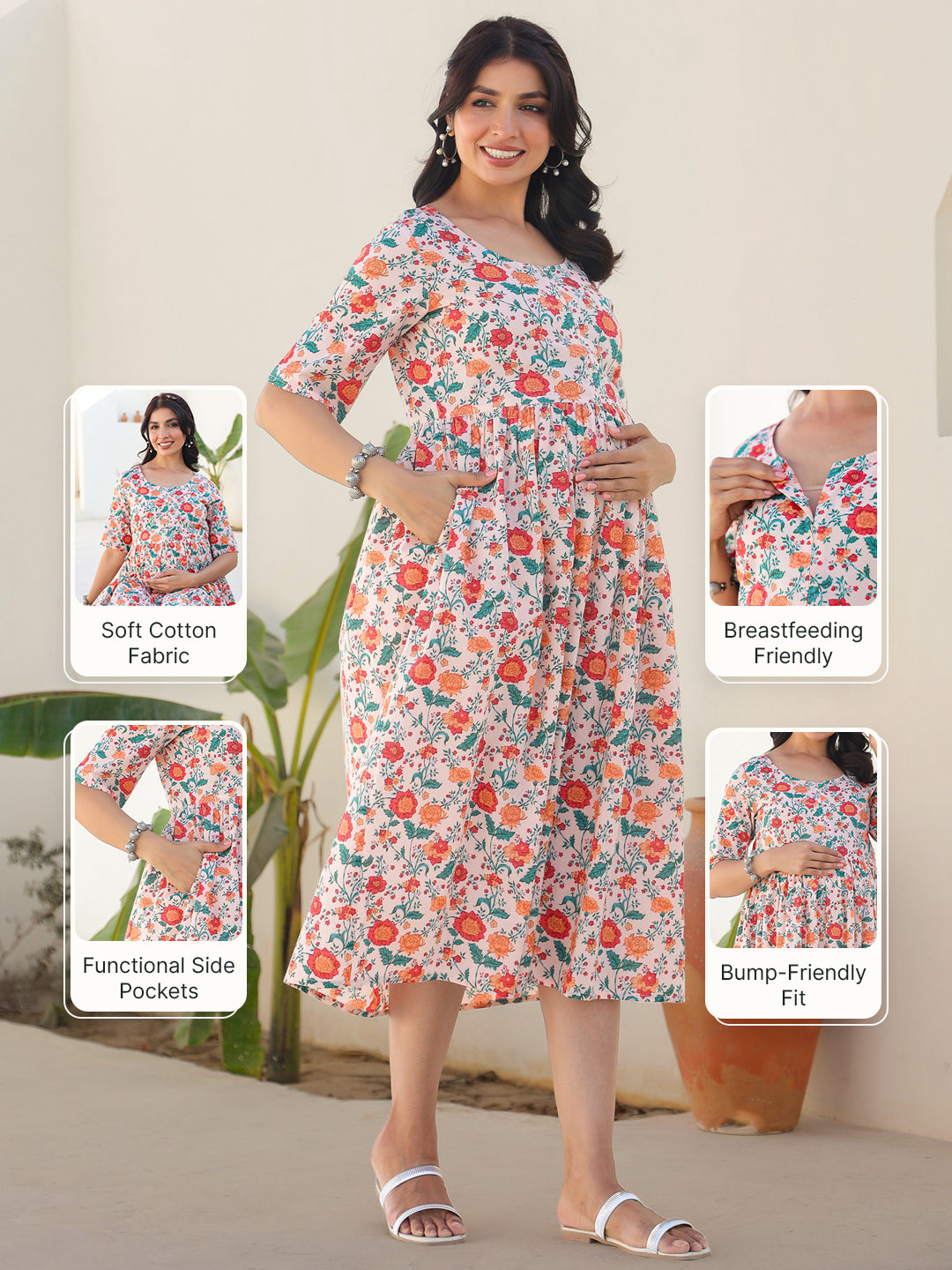 Peach Pure Cotton Floral Printed Fit & Flare Maternity Dress – Product Video
