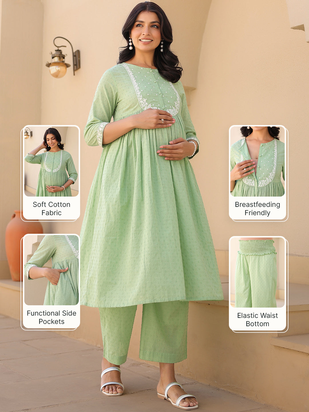 Janasya Women's Light Green Dobby Pure Cotton Yoke Embroidered A line Maternity Kurta Pant Set