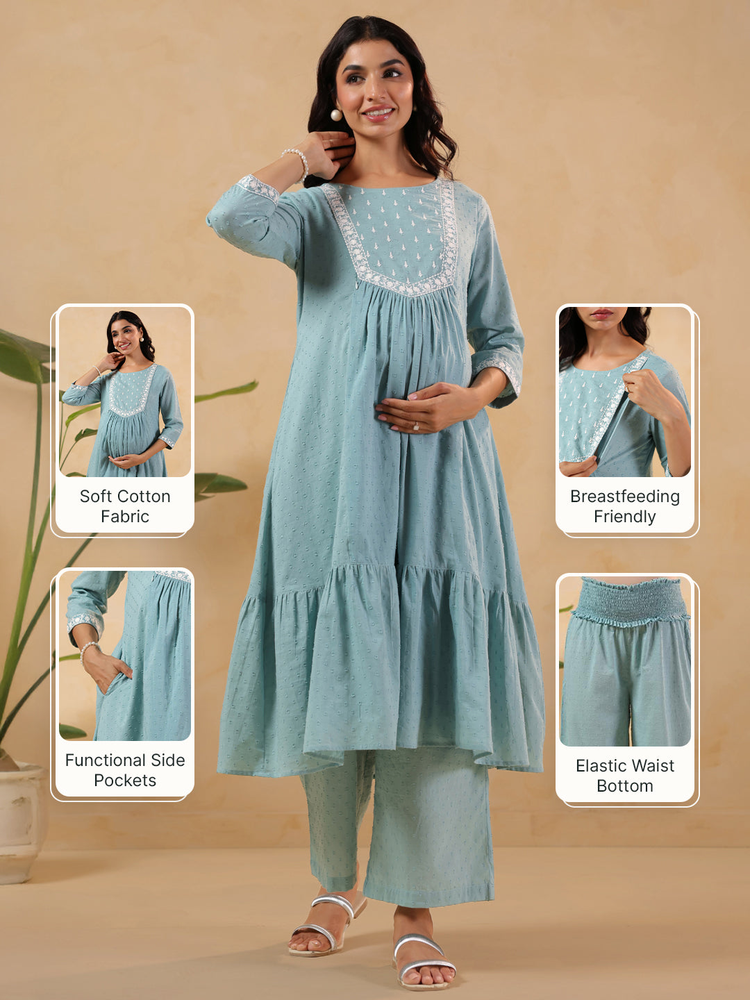 Janasya Women's Light Blue Dobby Pure Cotton Yoke Embroidered A-line Maternity Kurta Pant Set