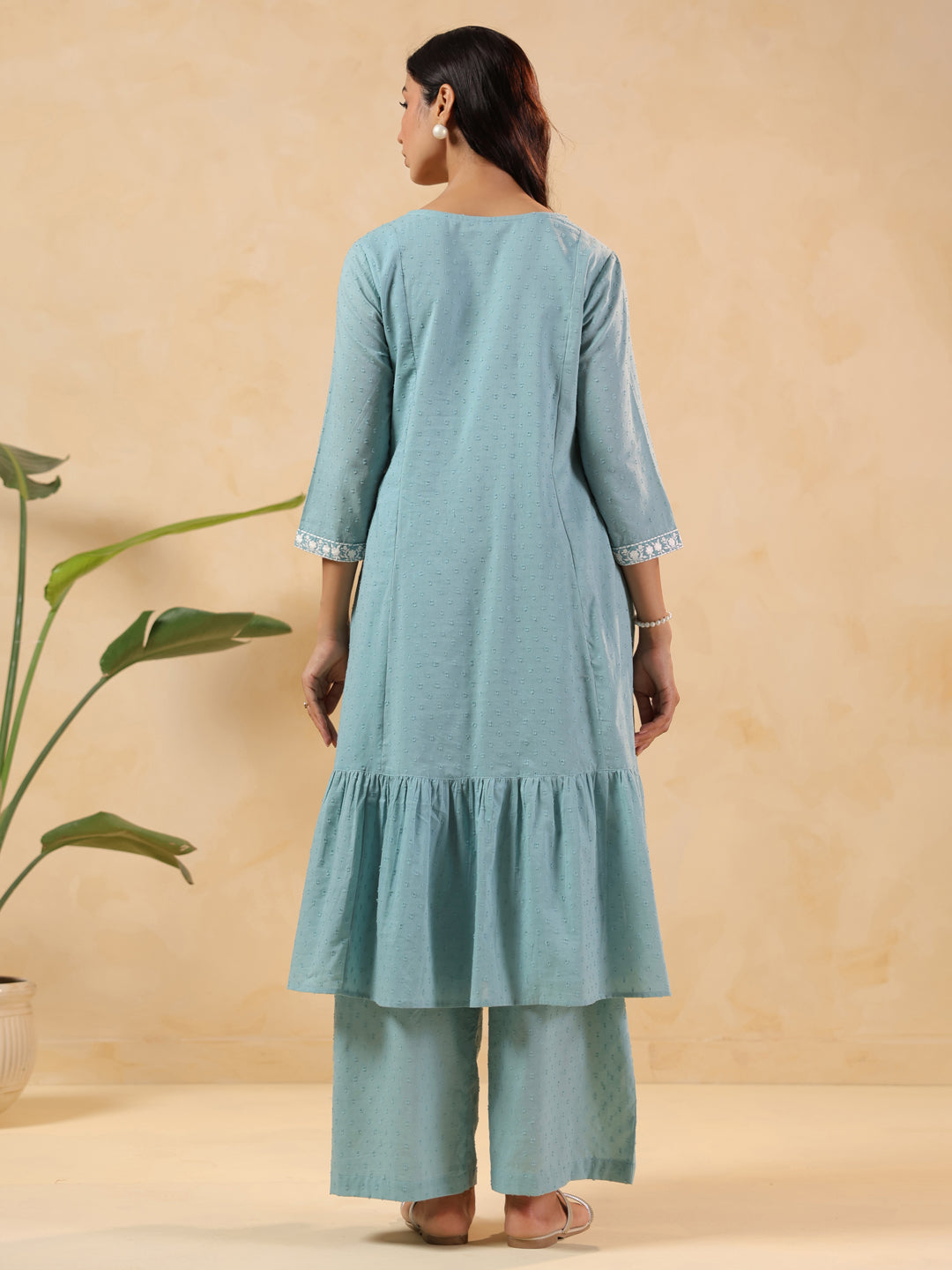 Janasya Women's Light Blue Dobby Pure Cotton Yoke Embroidered A-line Maternity Kurta Pant Set