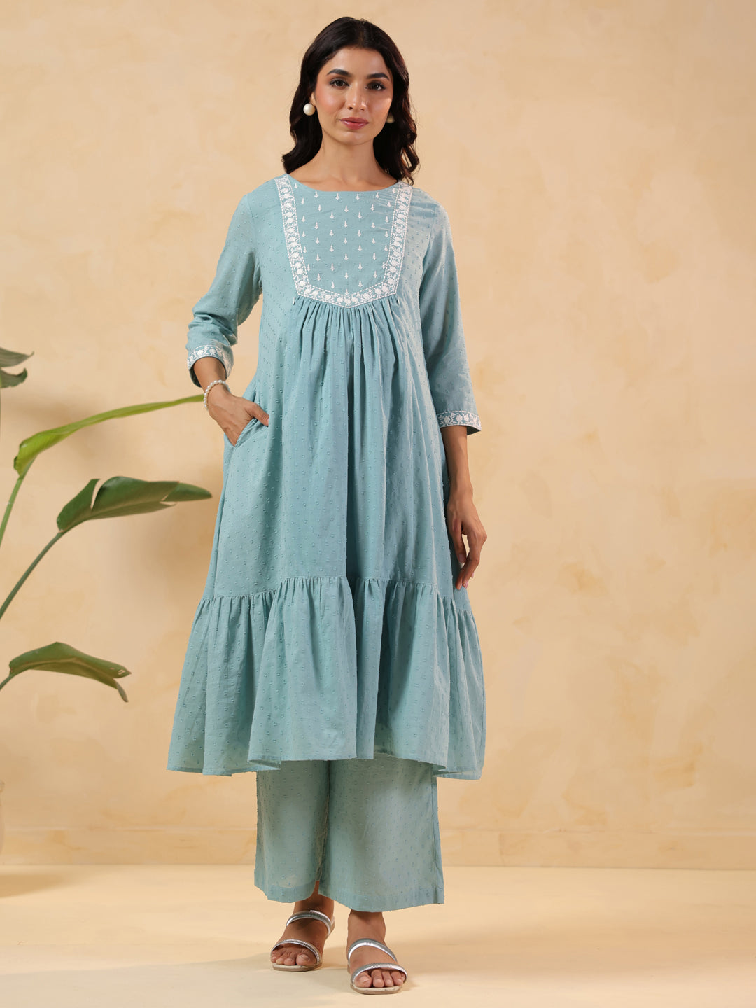 Janasya Women's Light Blue Dobby Pure Cotton Yoke Embroidered A-line Maternity Kurta Pant Set