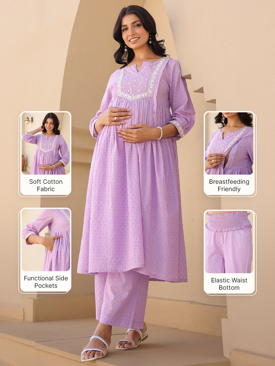 Janasya Women's Lavender Dobby Pure Cotton Yoke Embroidered A-line Maternity Kurta Pant Set