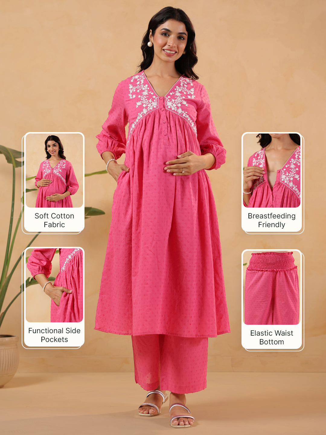 Janasya Women's Pink Dobby Pure Cotton Yoke Embroidery A-line Maternity Kurta Pant Set