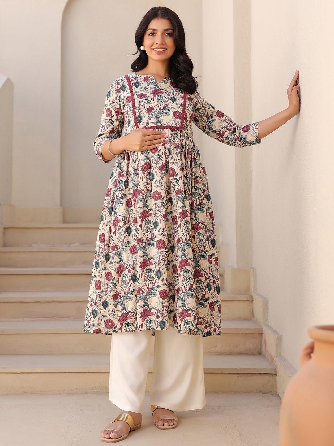 Cream Pure Cotton Floral Printed Gathered Maternity Kurta