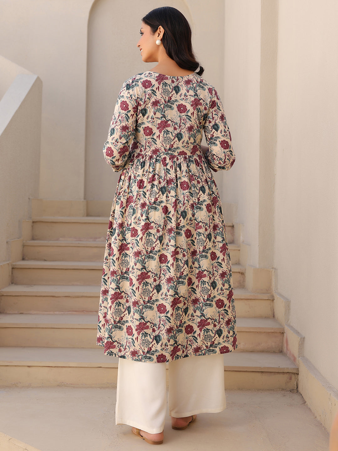 Cream Pure Cotton Floral Printed Gathered Maternity Kurta