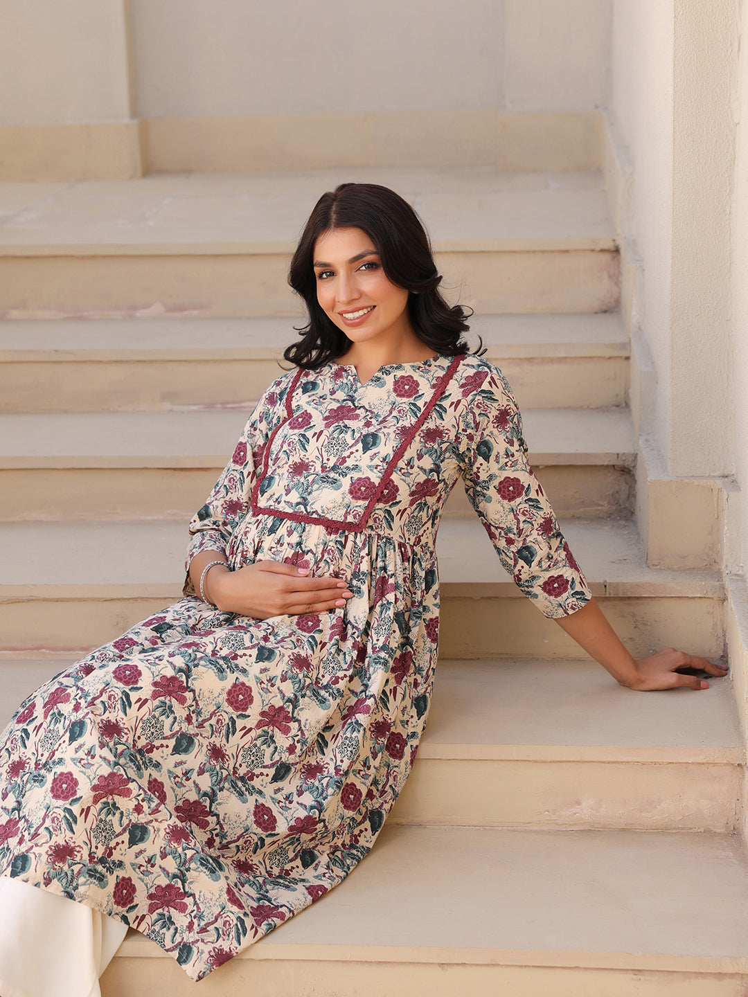 Cream Pure Cotton Floral Printed Gathered Maternity Kurta