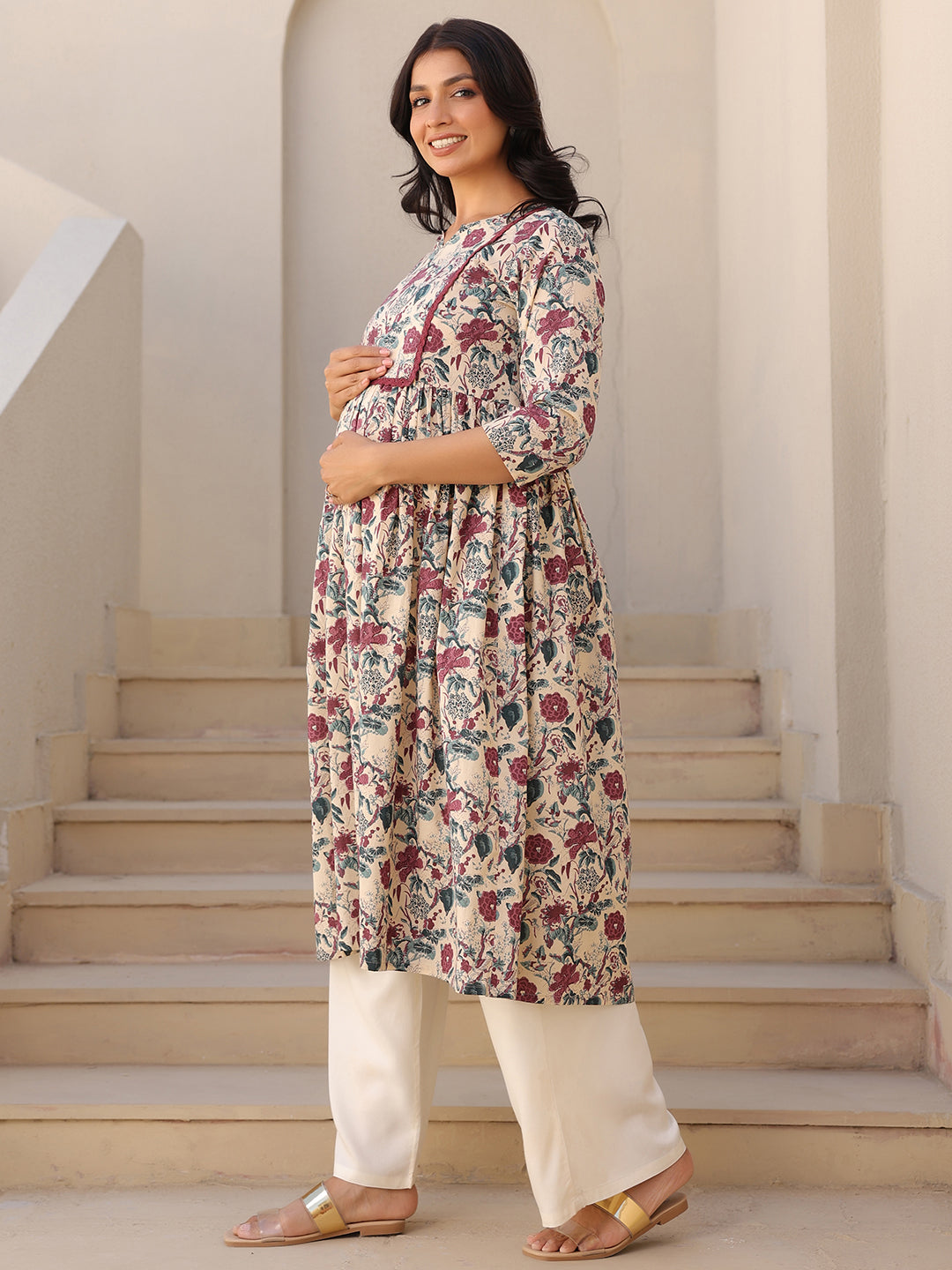 Cream Pure Cotton Floral Printed Gathered Maternity Kurta