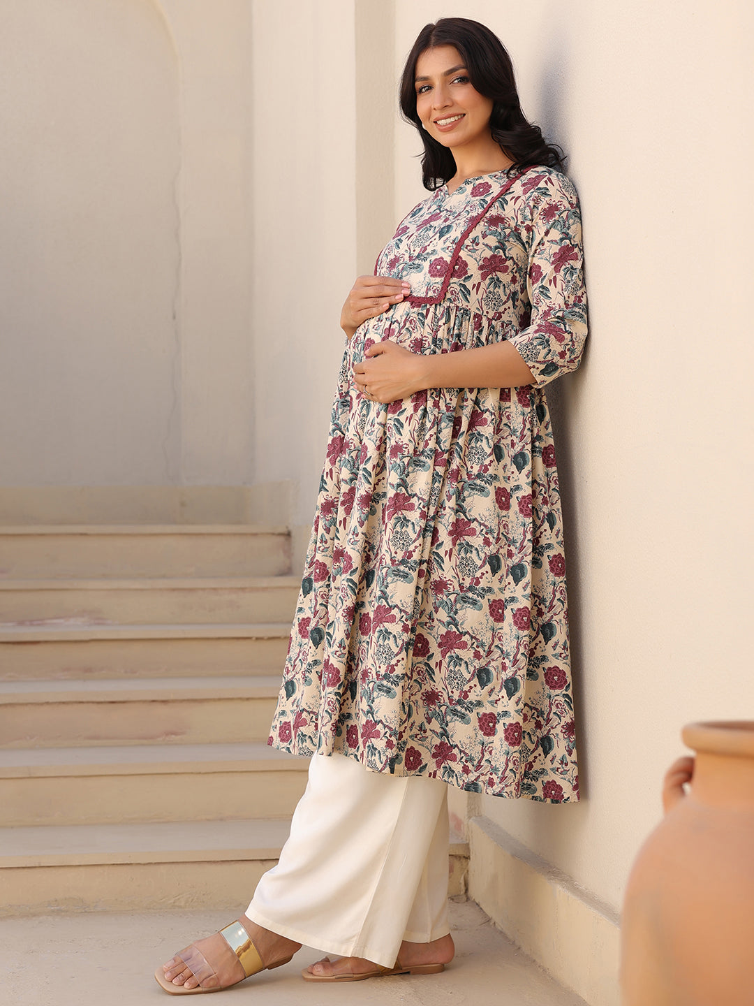 Cream Pure Cotton Floral Printed Gathered Maternity Kurta