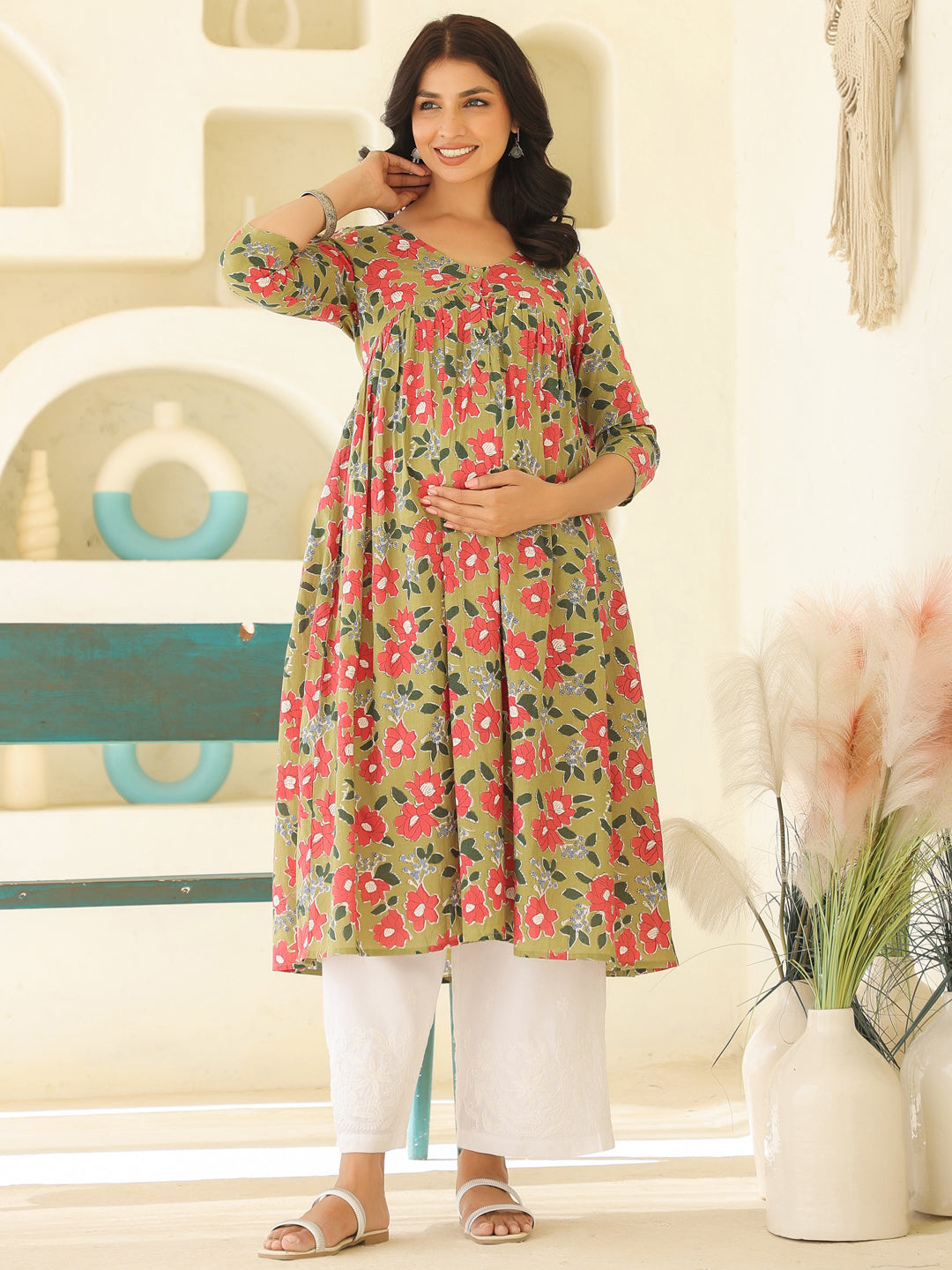 Sage Green Pure Cotton Floral Printed Gathered Maternity Kurta